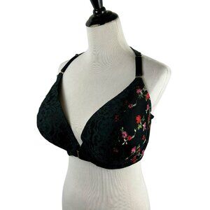 Cacique Lane Bryant Boost Plunge Bra Women 40G Black Floral Racerback Front Hook
